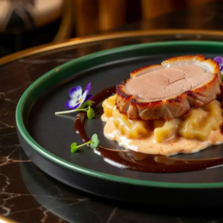 Fine dining tányér tűzben sült húsokkal, zöld fűszerekkel és modern tálalással