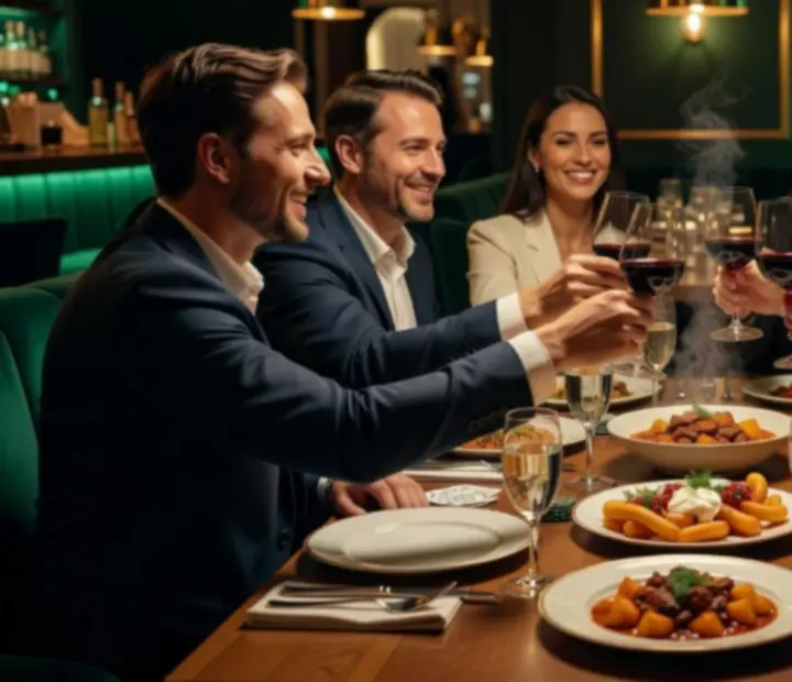 Mosolygó vendégek fine dining vacsora közben, elegáns terítéssel