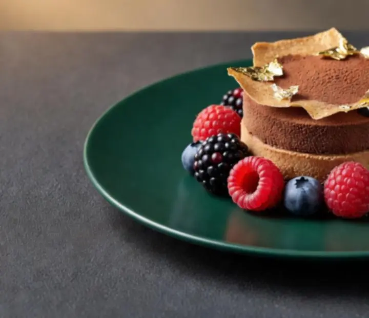 Gourmet desszert smaragd árnyalatú tányéron felszolgálva