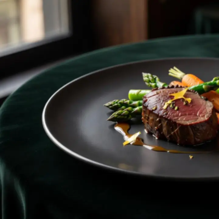 Gourmet signature fogás elegáns tányéron, arany és smaragd tónusokkal tálalva