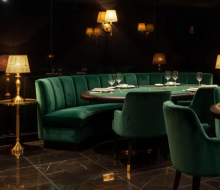 Exkluzív VIP lounge bársonyszékekkel, arany fényekkel és sötét zöld falakkal